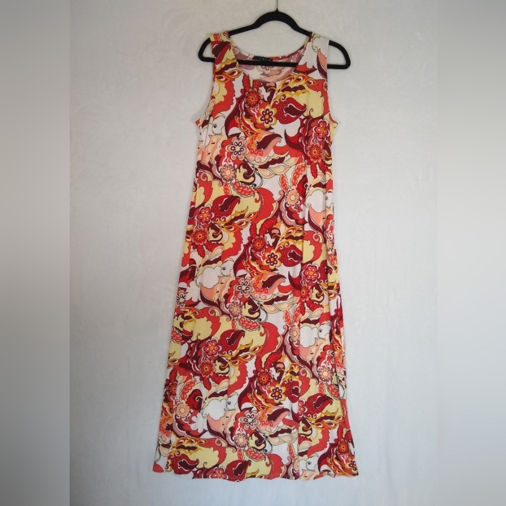Paisley Floral Sleeveless Maxi Dress - Red and Orange Sz Lg